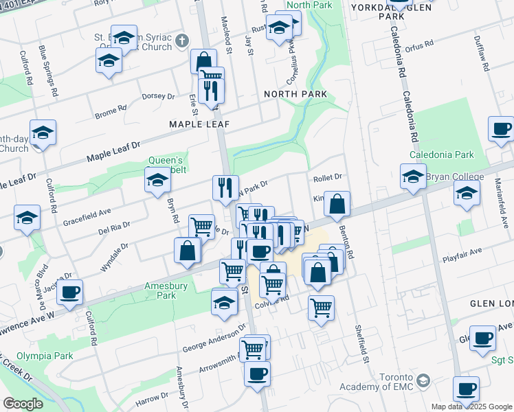 map of restaurants, bars, coffee shops, grocery stores, and more near 11 Sparta Road in Toronto