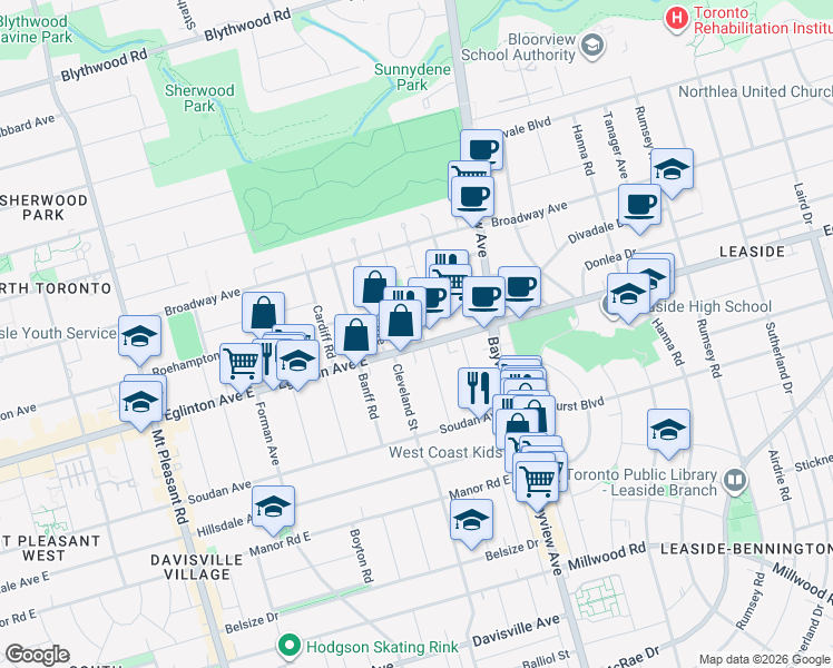 map of restaurants, bars, coffee shops, grocery stores, and more near 562 Eglinton Avenue East in Toronto