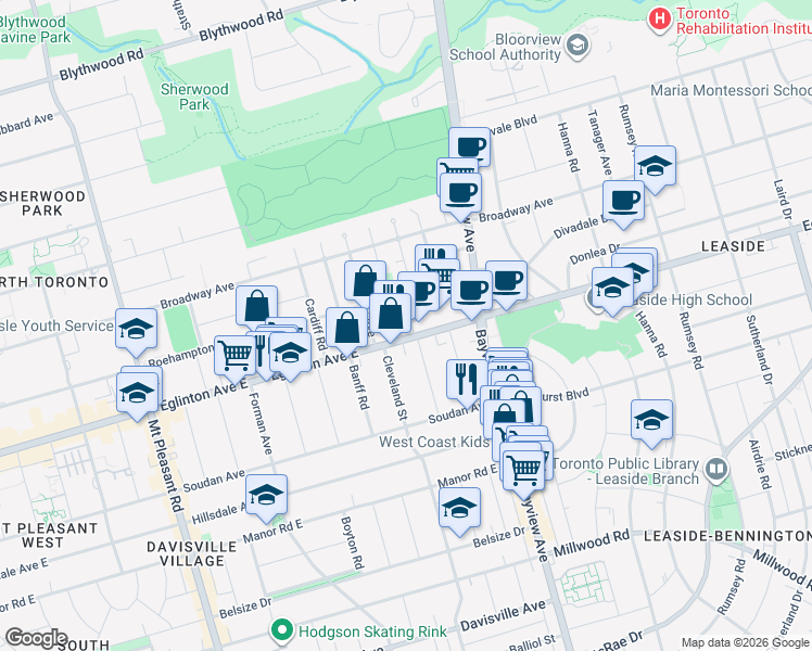 map of restaurants, bars, coffee shops, grocery stores, and more near 562 Eglinton Avenue East in Toronto