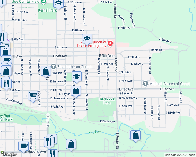 map of restaurants, bars, coffee shops, grocery stores, and more near 200-298 N Kittridge St in Mitchell
