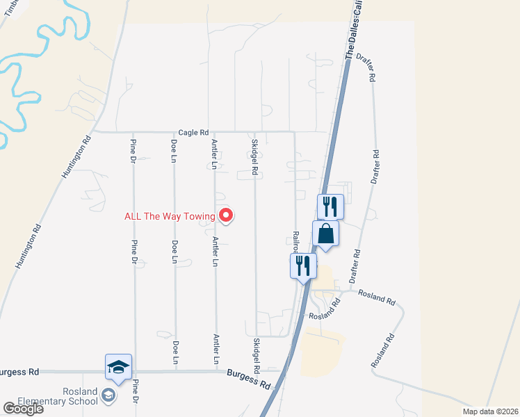 map of restaurants, bars, coffee shops, grocery stores, and more near 52621 Skidgel Road in La Pine