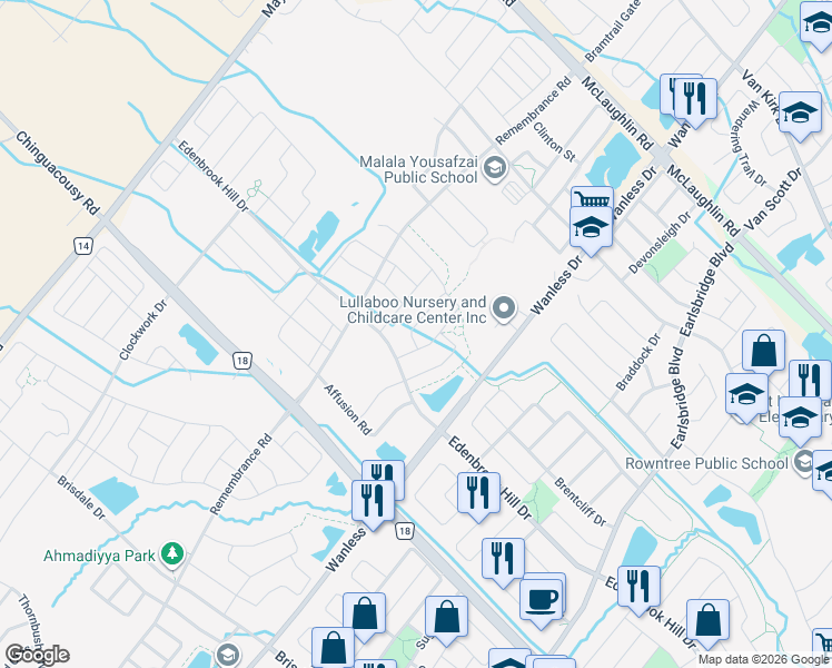 map of restaurants, bars, coffee shops, grocery stores, and more near 11 Boothill Drive in Brampton