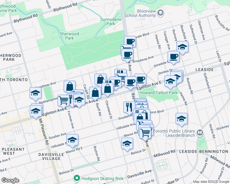 map of restaurants, bars, coffee shops, grocery stores, and more near 586 Eglinton Avenue East in Toronto