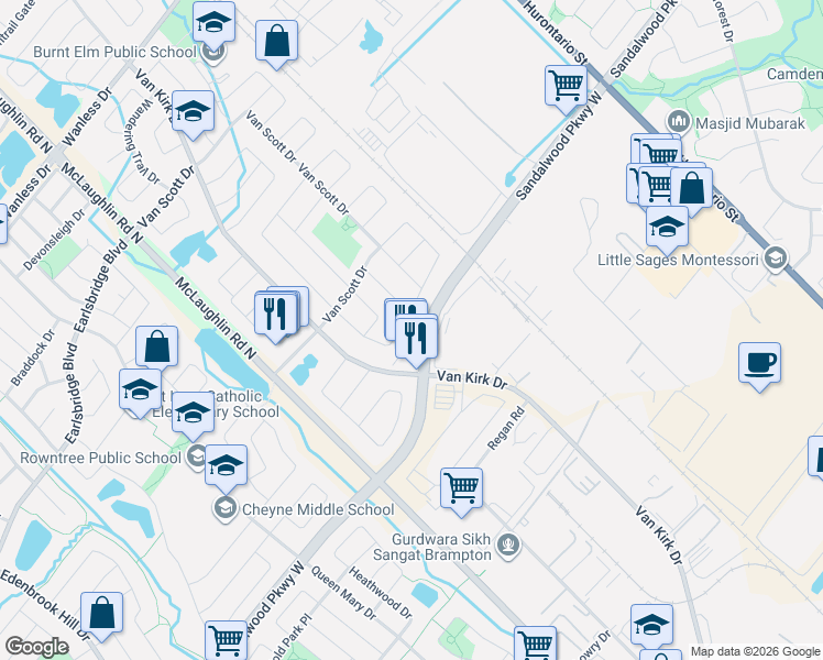 map of restaurants, bars, coffee shops, grocery stores, and more near 82 Twin Pines Crescent in Brampton