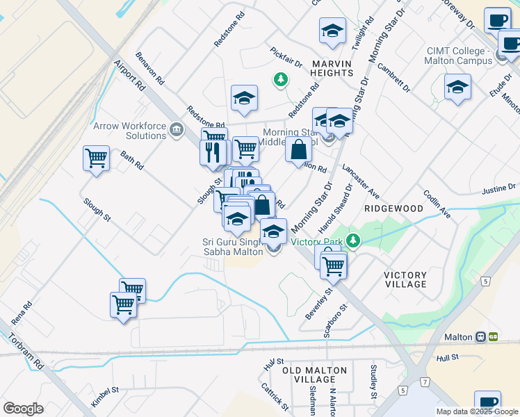 map of restaurants, bars, coffee shops, grocery stores, and more near 2595 Airport Road in Mississauga