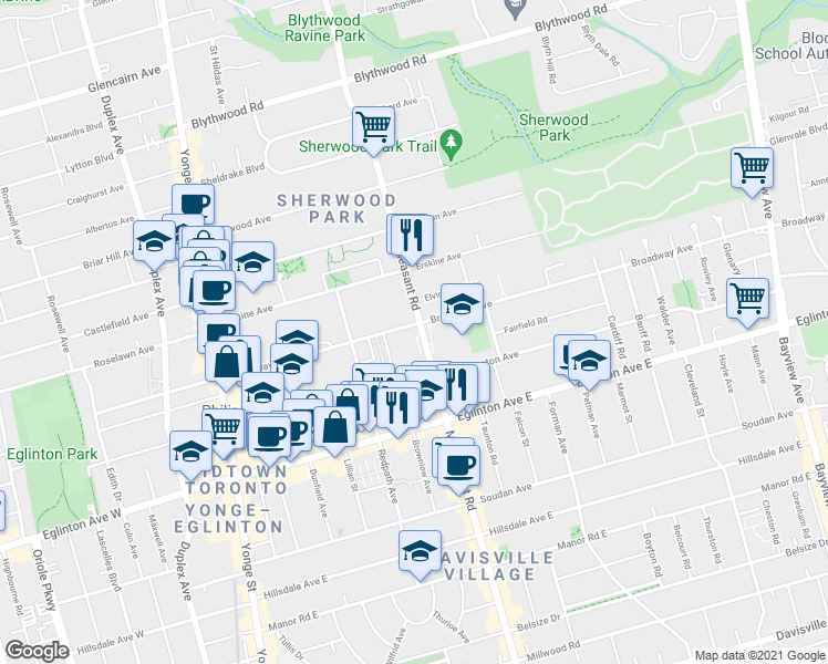 map of restaurants, bars, coffee shops, grocery stores, and more near 890 Mount Pleasant Road in Toronto