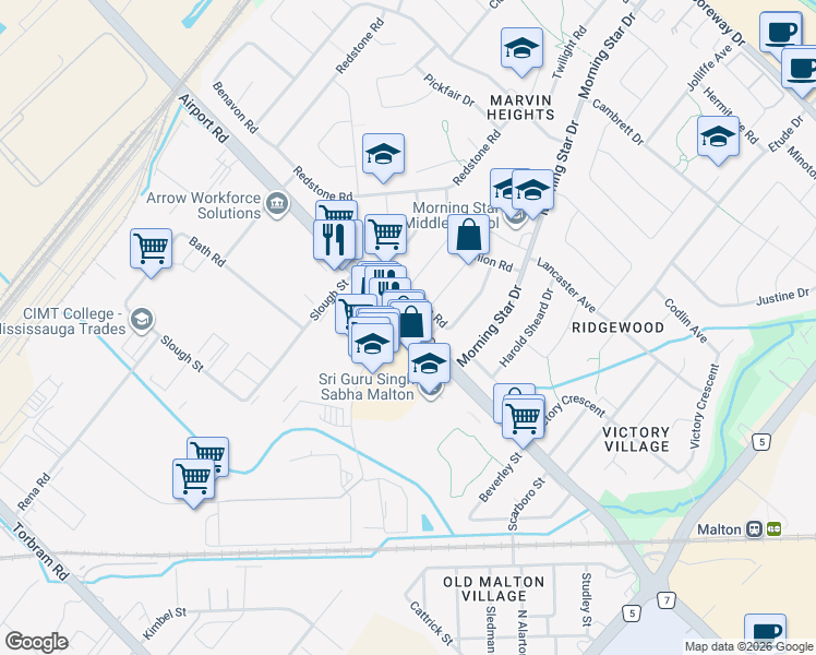 map of restaurants, bars, coffee shops, grocery stores, and more near 1177 Bloor Street in Mississauga