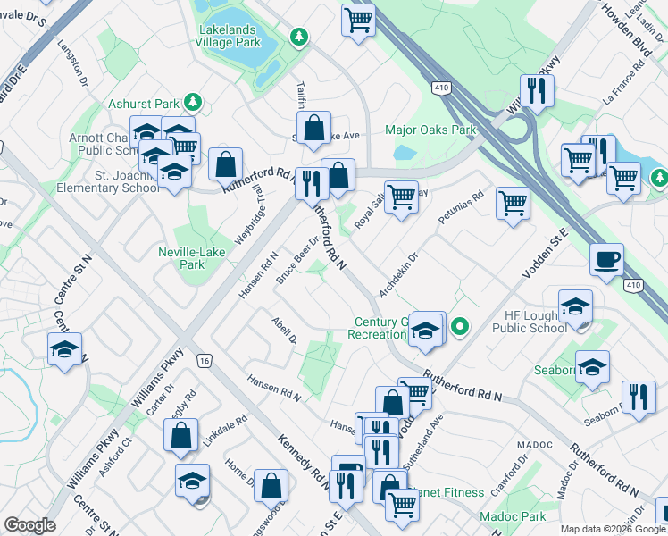 map of restaurants, bars, coffee shops, grocery stores, and more near 252 Rutherford Road North in Brampton