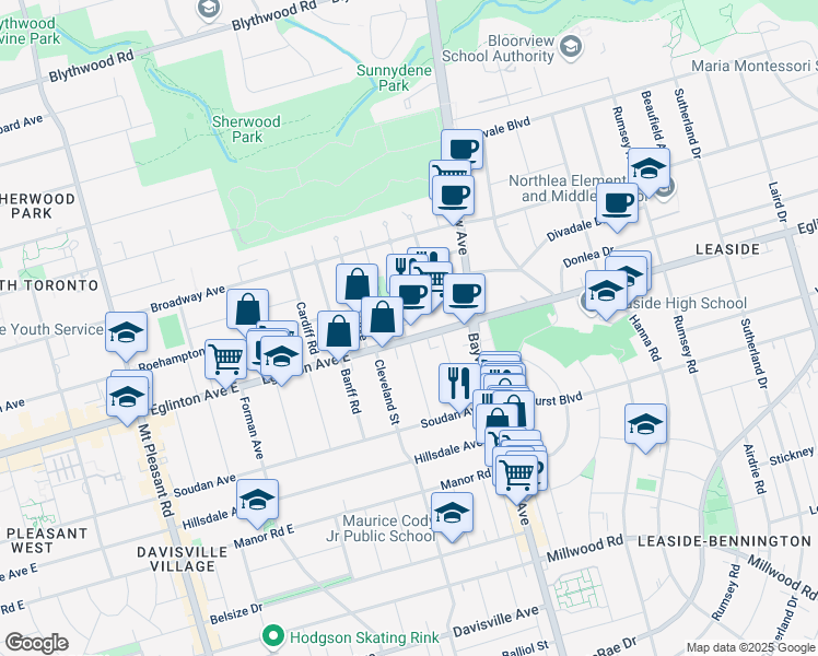 map of restaurants, bars, coffee shops, grocery stores, and more near 586 Eglinton Avenue East in Toronto