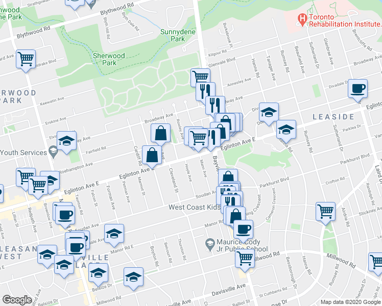 map of restaurants, bars, coffee shops, grocery stores, and more near 656 Eglinton Avenue East in Toronto
