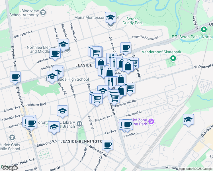 map of restaurants, bars, coffee shops, grocery stores, and more near Laird Drive in Toronto