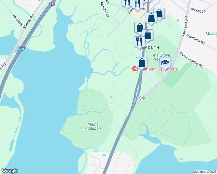 map of restaurants, bars, coffee shops, grocery stores, and more near 34 Hartford Avenue in Falmouth