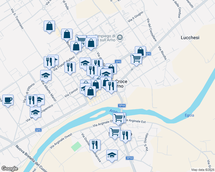 map of restaurants, bars, coffee shops, grocery stores, and more near 15 Via Giuseppe Verdi in Santa Croce sull'Arno