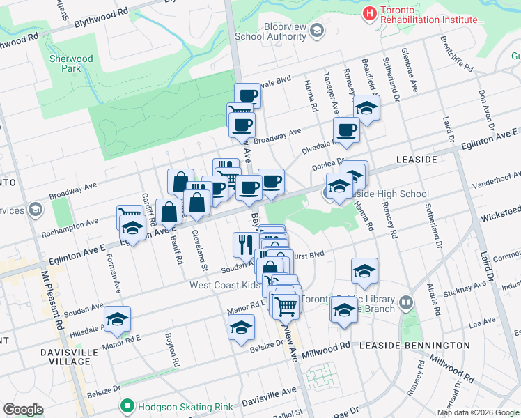 map of restaurants, bars, coffee shops, grocery stores, and more near 615 Eglinton Avenue East in Toronto
