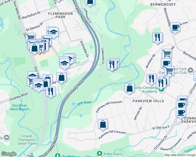 map of restaurants, bars, coffee shops, grocery stores, and more near 15 Vicora Linkway in Toronto