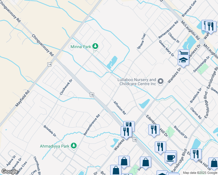 map of restaurants, bars, coffee shops, grocery stores, and more near 90 Callandar Road in Brampton