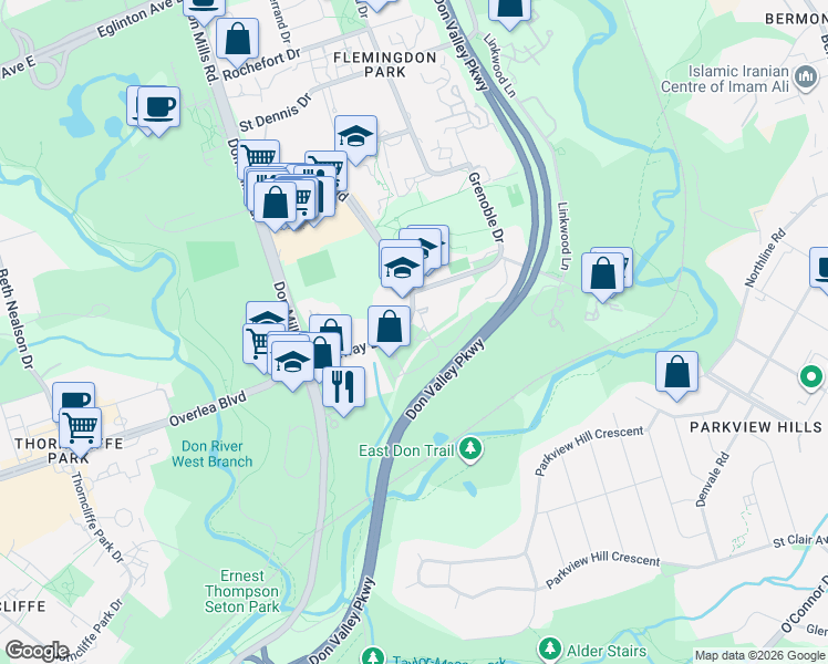 map of restaurants, bars, coffee shops, grocery stores, and more near 55 Sunny Glenway in Toronto