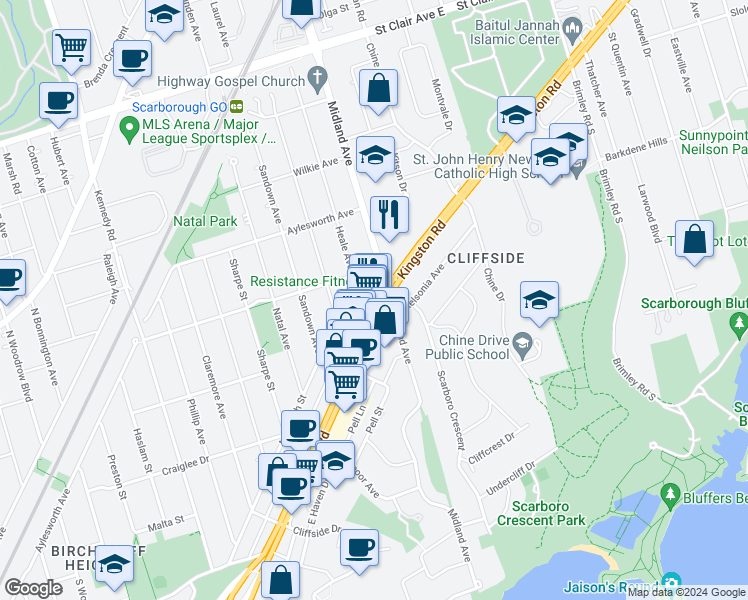 map of restaurants, bars, coffee shops, grocery stores, and more near 2500 Kingston Road in Toronto