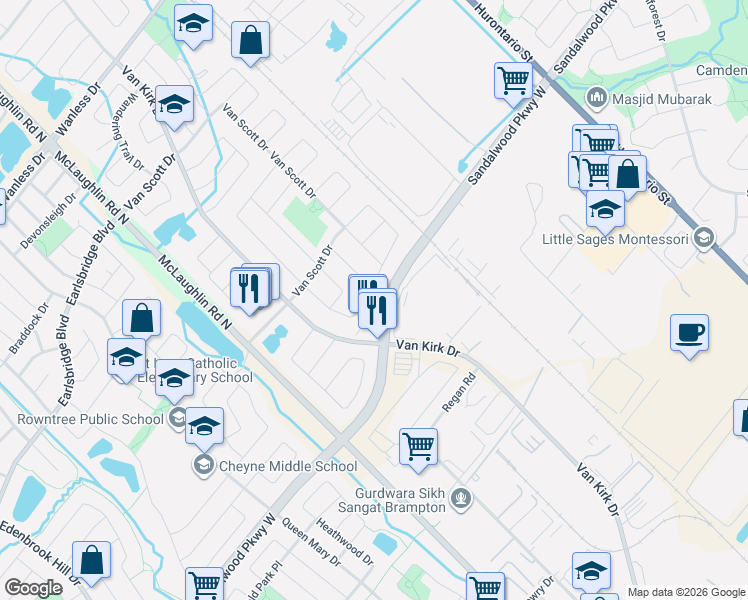 map of restaurants, bars, coffee shops, grocery stores, and more near 82 Twin Pines Crescent in Brampton