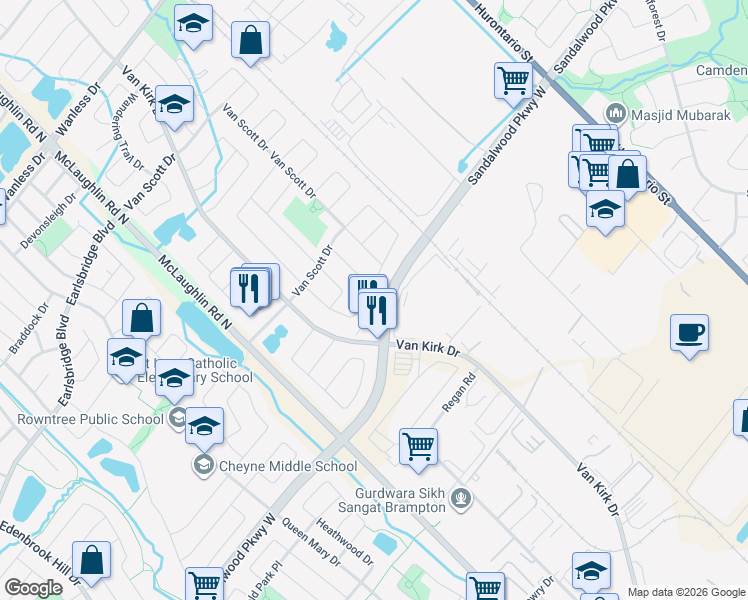 map of restaurants, bars, coffee shops, grocery stores, and more near 82 Twin Pines Crescent in Brampton