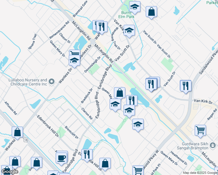 map of restaurants, bars, coffee shops, grocery stores, and more near 13 Kelton Road in Brampton