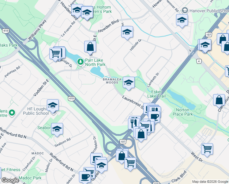 map of restaurants, bars, coffee shops, grocery stores, and more near 38 Laurelcrest Street in Brampton