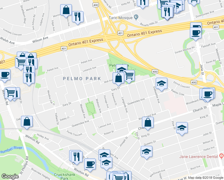 map of restaurants, bars, coffee shops, grocery stores, and more near 200 Gary Drive in Toronto