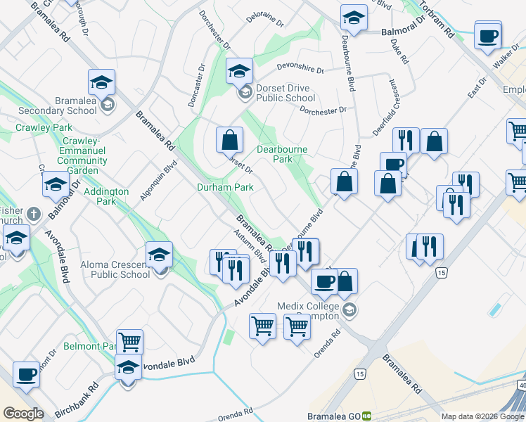 map of restaurants, bars, coffee shops, grocery stores, and more near 36 Dalraith Crescent in Brampton