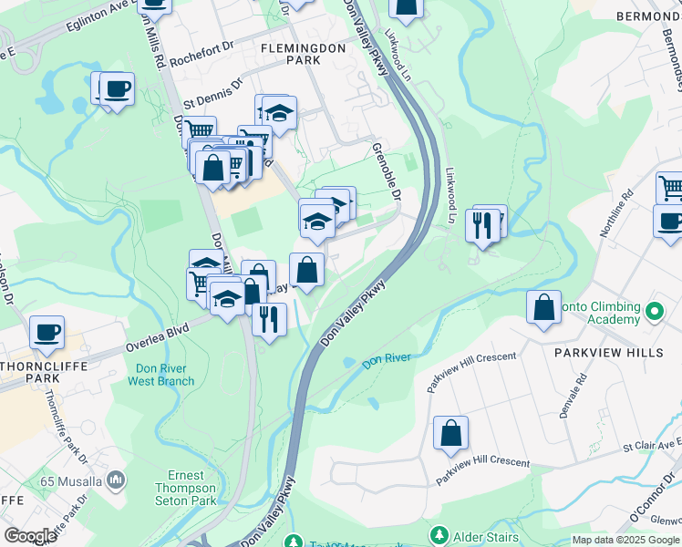 map of restaurants, bars, coffee shops, grocery stores, and more near 50 Sunny Glenway in Toronto