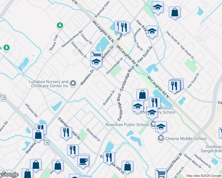 map of restaurants, bars, coffee shops, grocery stores, and more near 360 Queen Mary Drive in Brampton