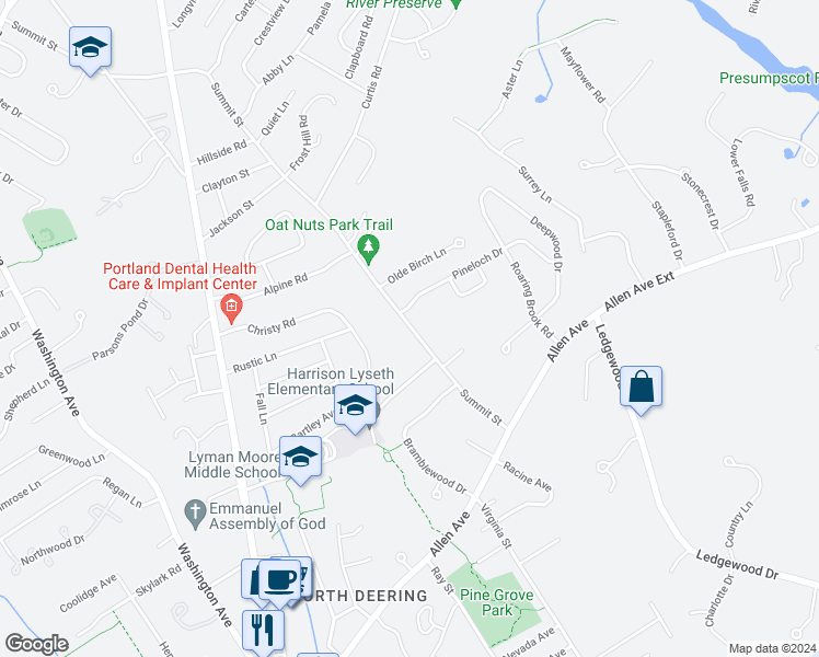 map of restaurants, bars, coffee shops, grocery stores, and more near 116 Summit Street in Portland