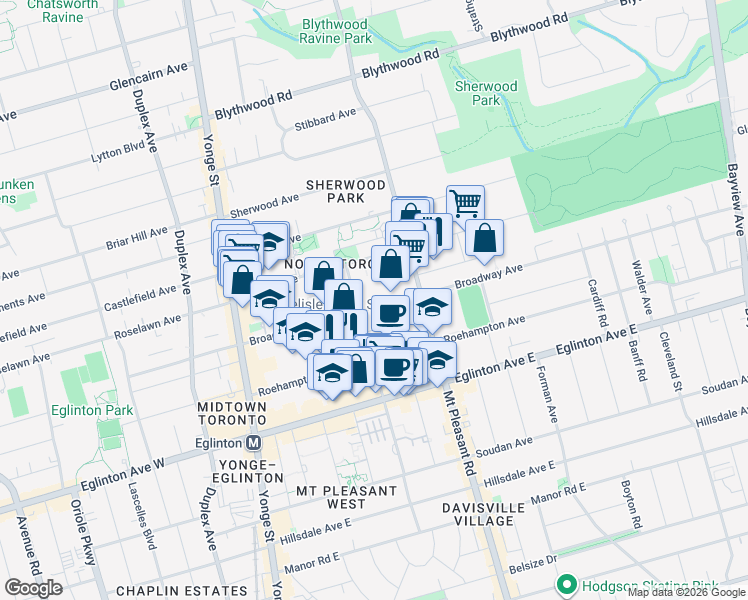 map of restaurants, bars, coffee shops, grocery stores, and more near 110 Broadway Avenue in Toronto