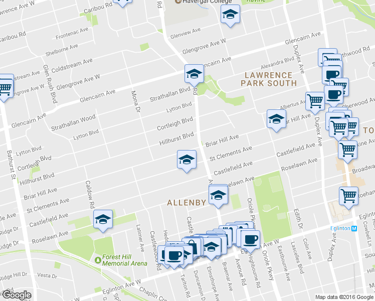 map of restaurants, bars, coffee shops, grocery stores, and more near 428 Briar Hill Avenue in Toronto