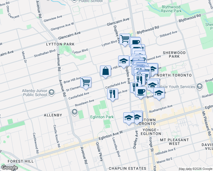 map of restaurants, bars, coffee shops, grocery stores, and more near in Toronto
