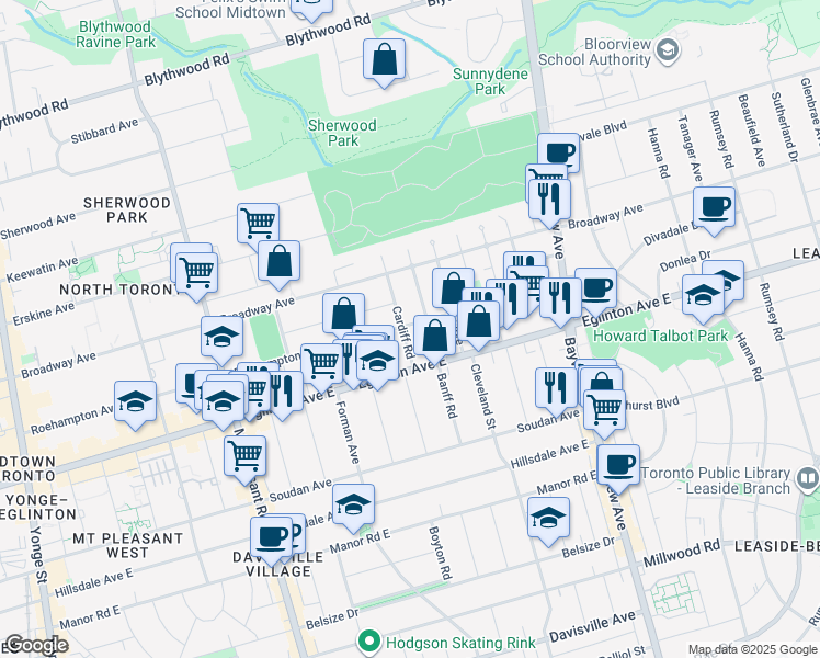 map of restaurants, bars, coffee shops, grocery stores, and more near 23 Cardiff Road in Toronto