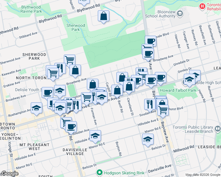 map of restaurants, bars, coffee shops, grocery stores, and more near 23 Cardiff Road in Toronto