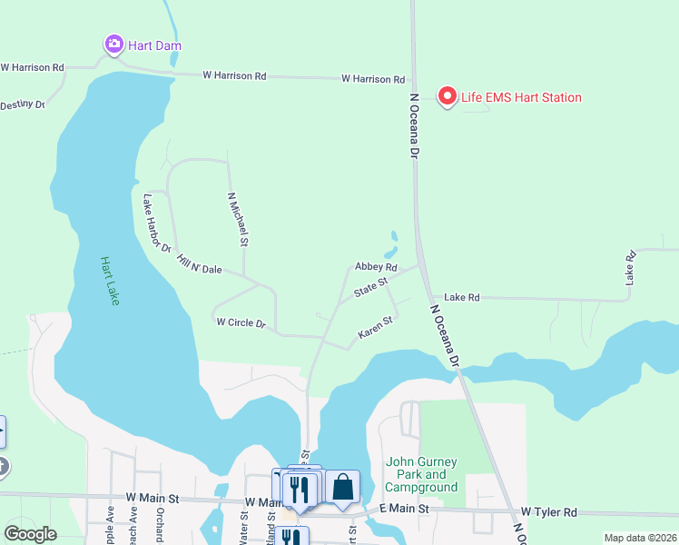 map of restaurants, bars, coffee shops, grocery stores, and more near 3312 Abbey Road in Hart