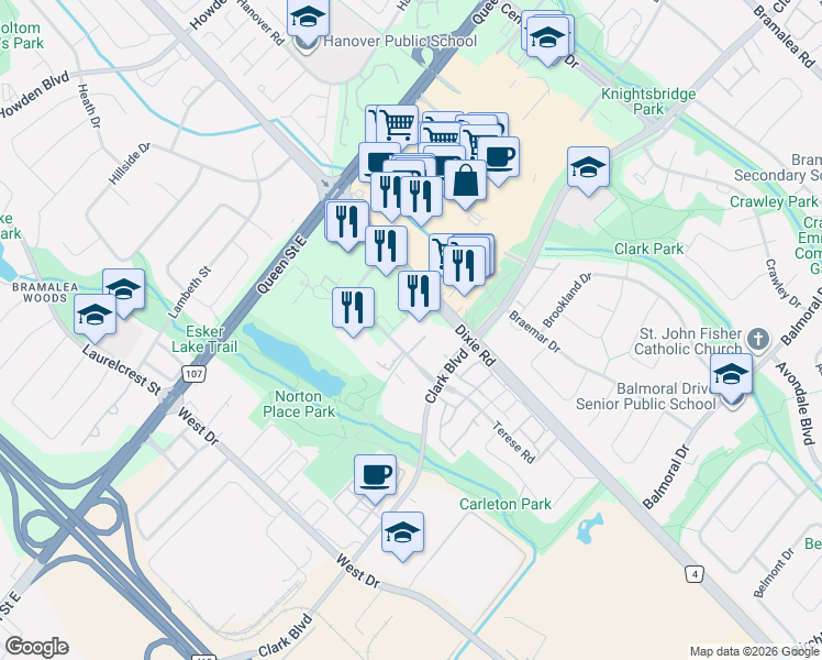 map of restaurants, bars, coffee shops, grocery stores, and more near in Brampton