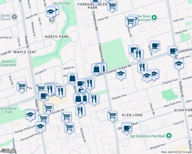 map of restaurants, bars, coffee shops, grocery stores, and more near in Toronto