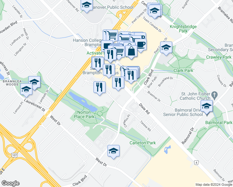 map of restaurants, bars, coffee shops, grocery stores, and more near in Brampton