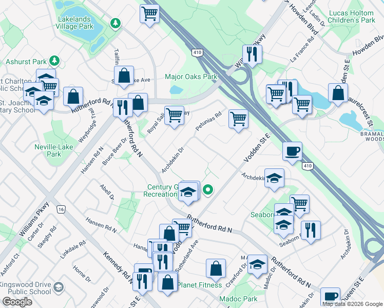 map of restaurants, bars, coffee shops, grocery stores, and more near 41 Fallway Road in Brampton