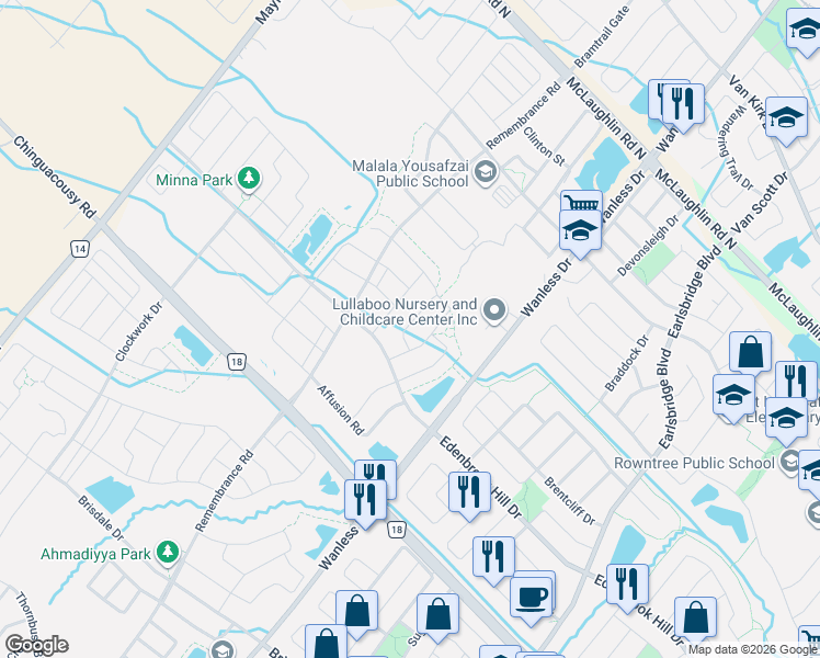 map of restaurants, bars, coffee shops, grocery stores, and more near 7 Cyclone Trail in Brampton
