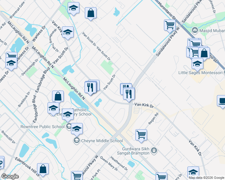 map of restaurants, bars, coffee shops, grocery stores, and more near 15 Twin Pines Crescent in Brampton