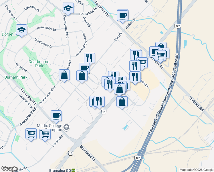 map of restaurants, bars, coffee shops, grocery stores, and more near 2080 Steeles Avenue East in Brampton