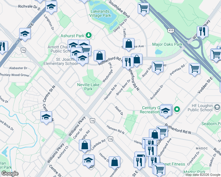 map of restaurants, bars, coffee shops, grocery stores, and more near 447 Hansen Road North in Brampton