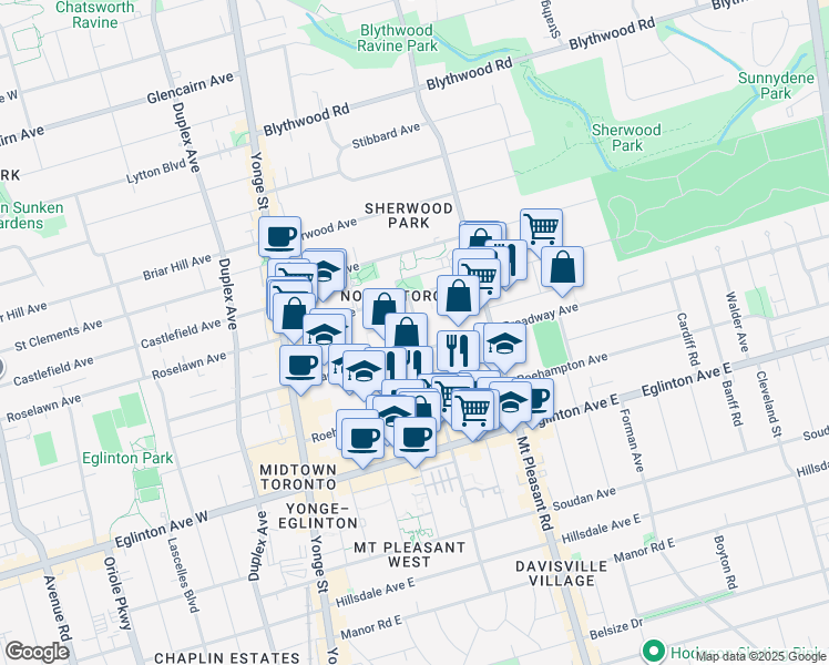 map of restaurants, bars, coffee shops, grocery stores, and more near 88 Broadway Avenue in Toronto
