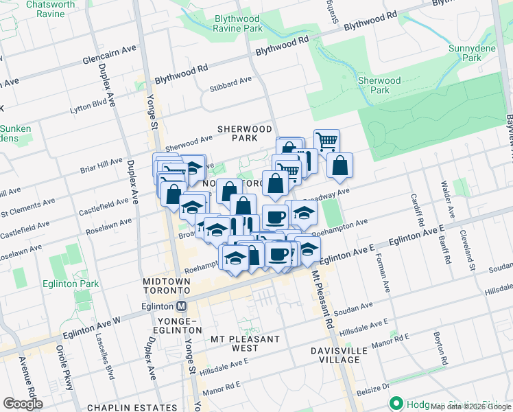 map of restaurants, bars, coffee shops, grocery stores, and more near 225 Redpath Avenue in Toronto