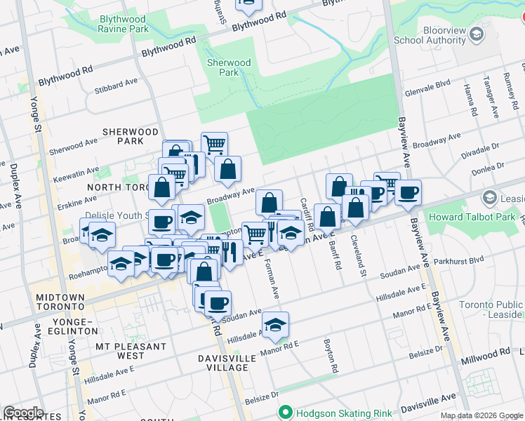 map of restaurants, bars, coffee shops, grocery stores, and more near in Toronto