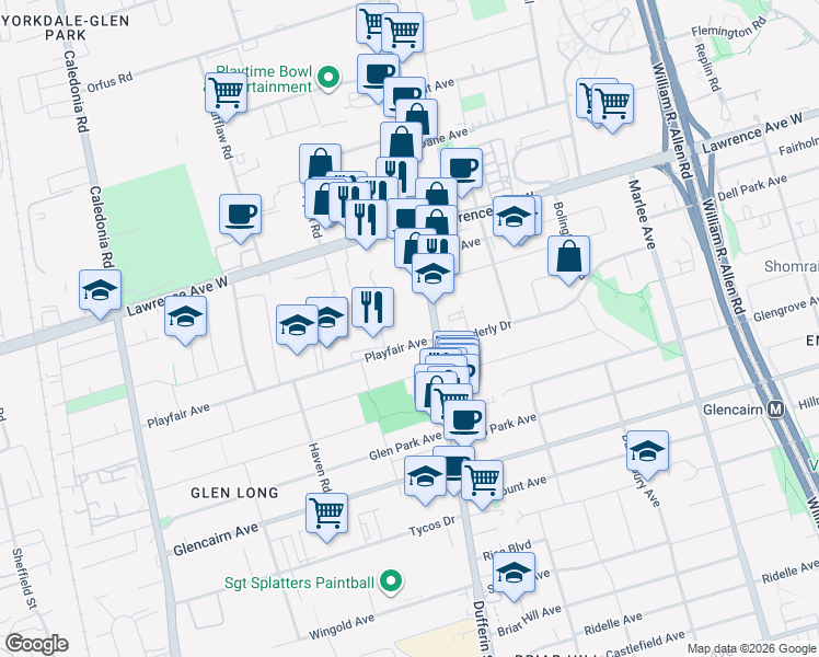 map of restaurants, bars, coffee shops, grocery stores, and more near 3000 Dufferin Street in Toronto