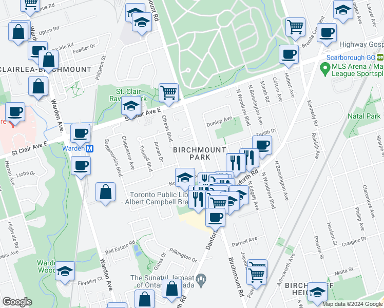 map of restaurants, bars, coffee shops, grocery stores, and more near 544 Birchmount Road in Toronto